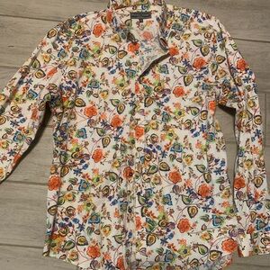 Paisley & Gray White Floral Button-Down Shirt with Orange and Blue Accents